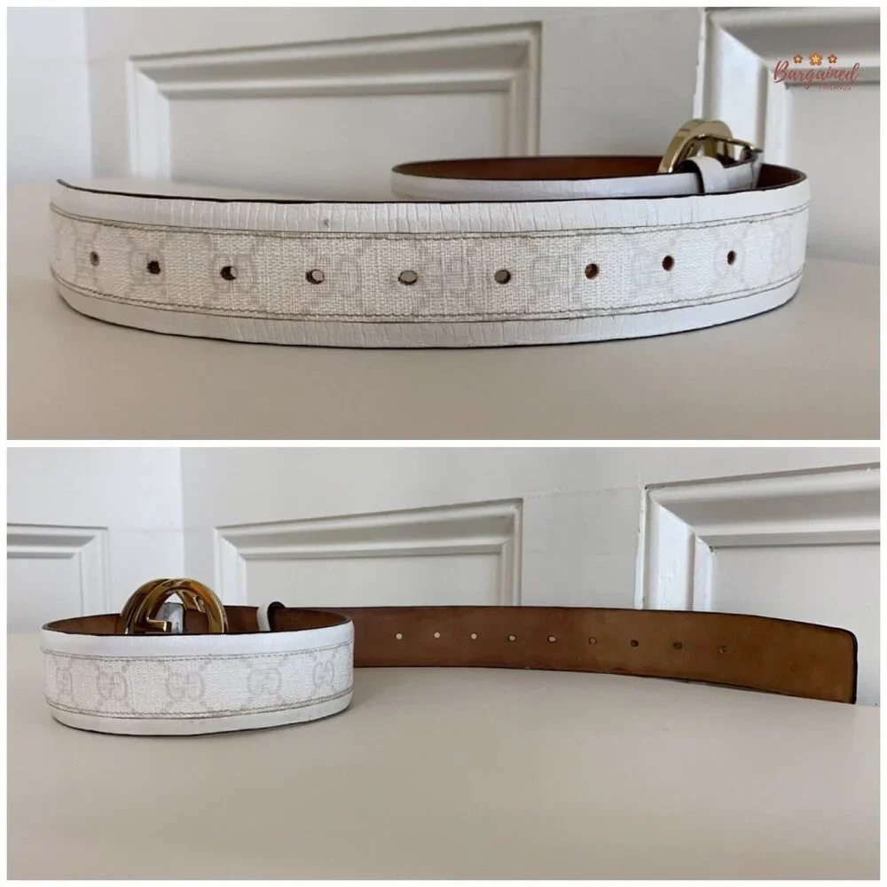 Authentic GUCCI White GG Plus Coated Canvas Leather Interlocking G Belt 80/32 - Picture 11 of 13